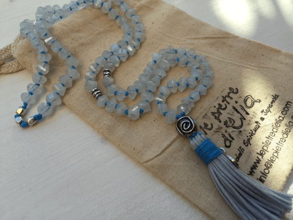 108 mala 8mm Pietra di Luna Moonstone Argento Seta