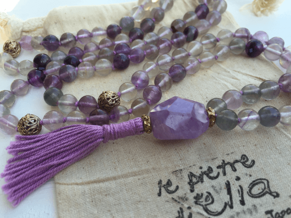 108 mala 8mm fluorite multi ametista lavanda argento seta