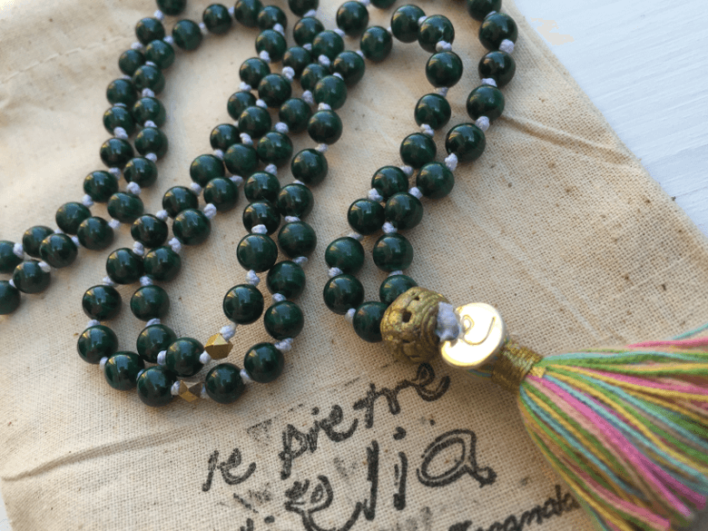 108 mala 6 mm malachite ottone antico e seta